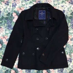 American Eagle Outfitters Navy Blue Wool Double Breasted Pea Coat Womens Size L